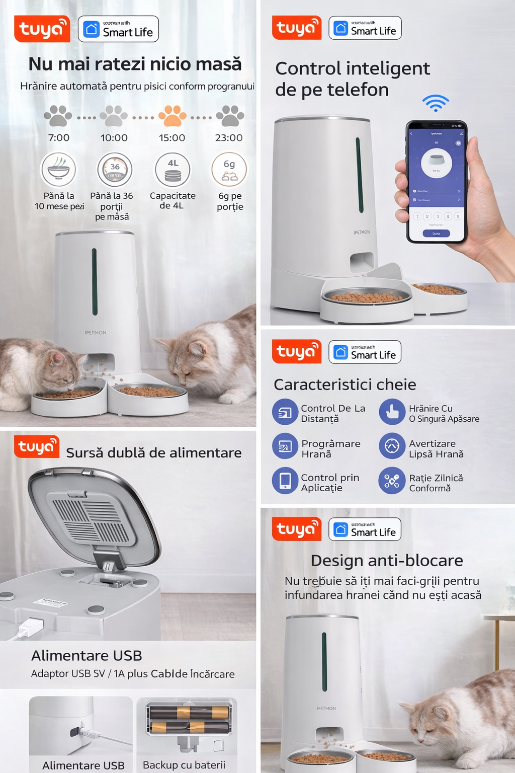 Hrănitor Automat Wi-Fi pentru Pisici – 2 Pisici, Capacitate 4L, Control prin Aplicație