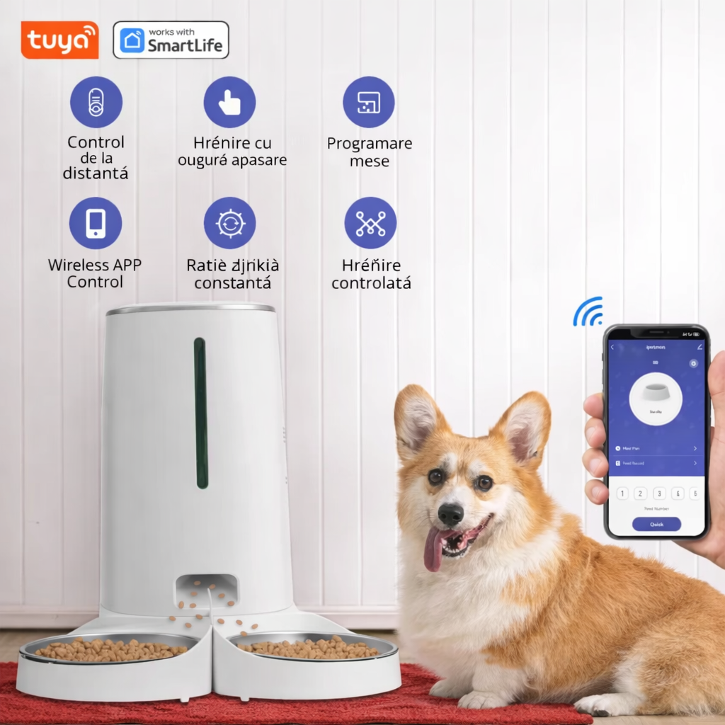 Hrănitor Automat Wi-Fi pentru Pisici – 2 Pisici, Capacitate 4L, Control prin Aplicație